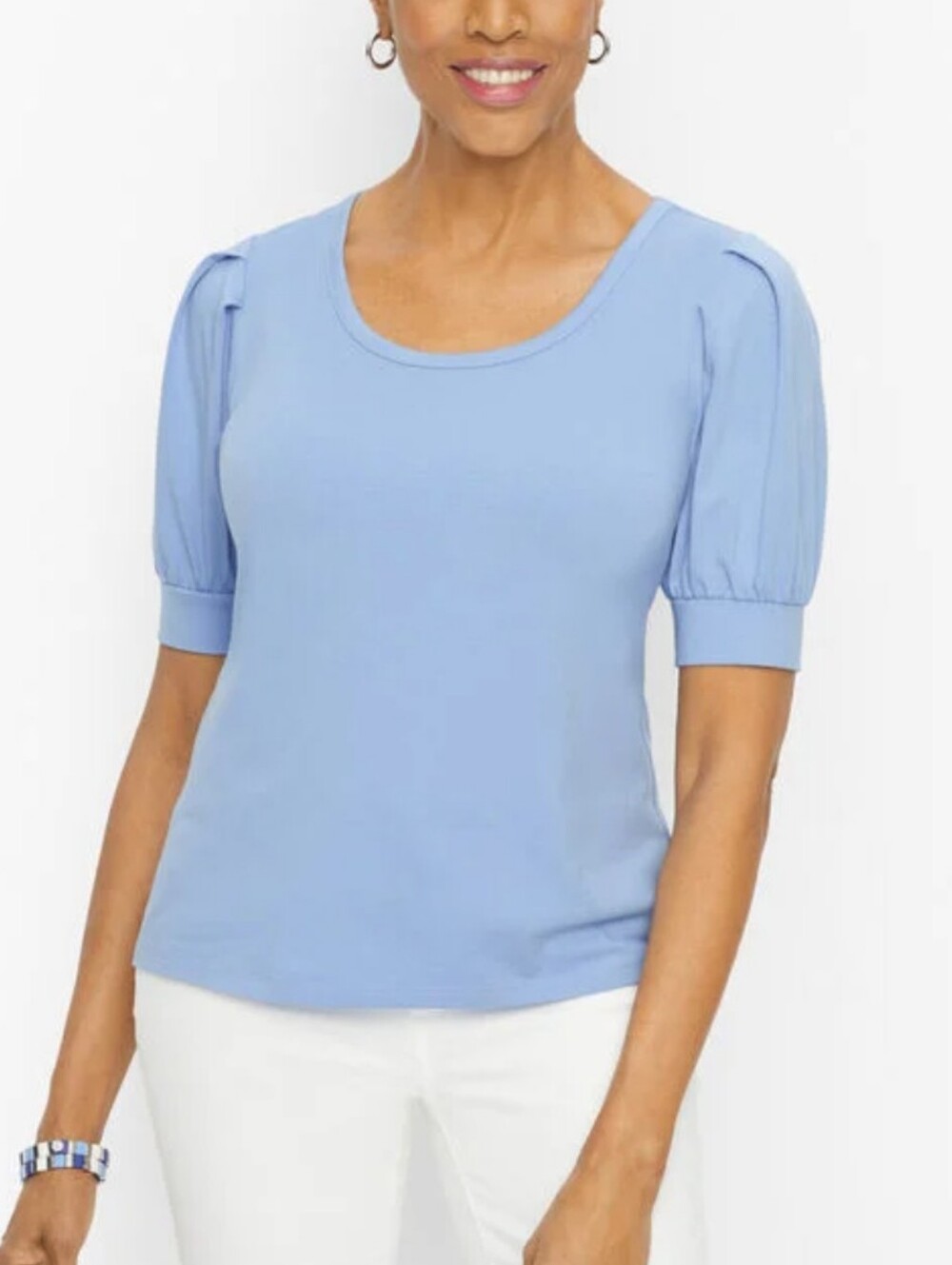 Talbots Light Blue Puff Elbow Sleeve Scoop Neck Top, Size XL